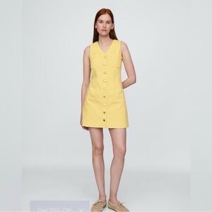 NWT Gap Medium Butter Yellow Button Down Mini Dress V Neck Cotton/Spandex Summer